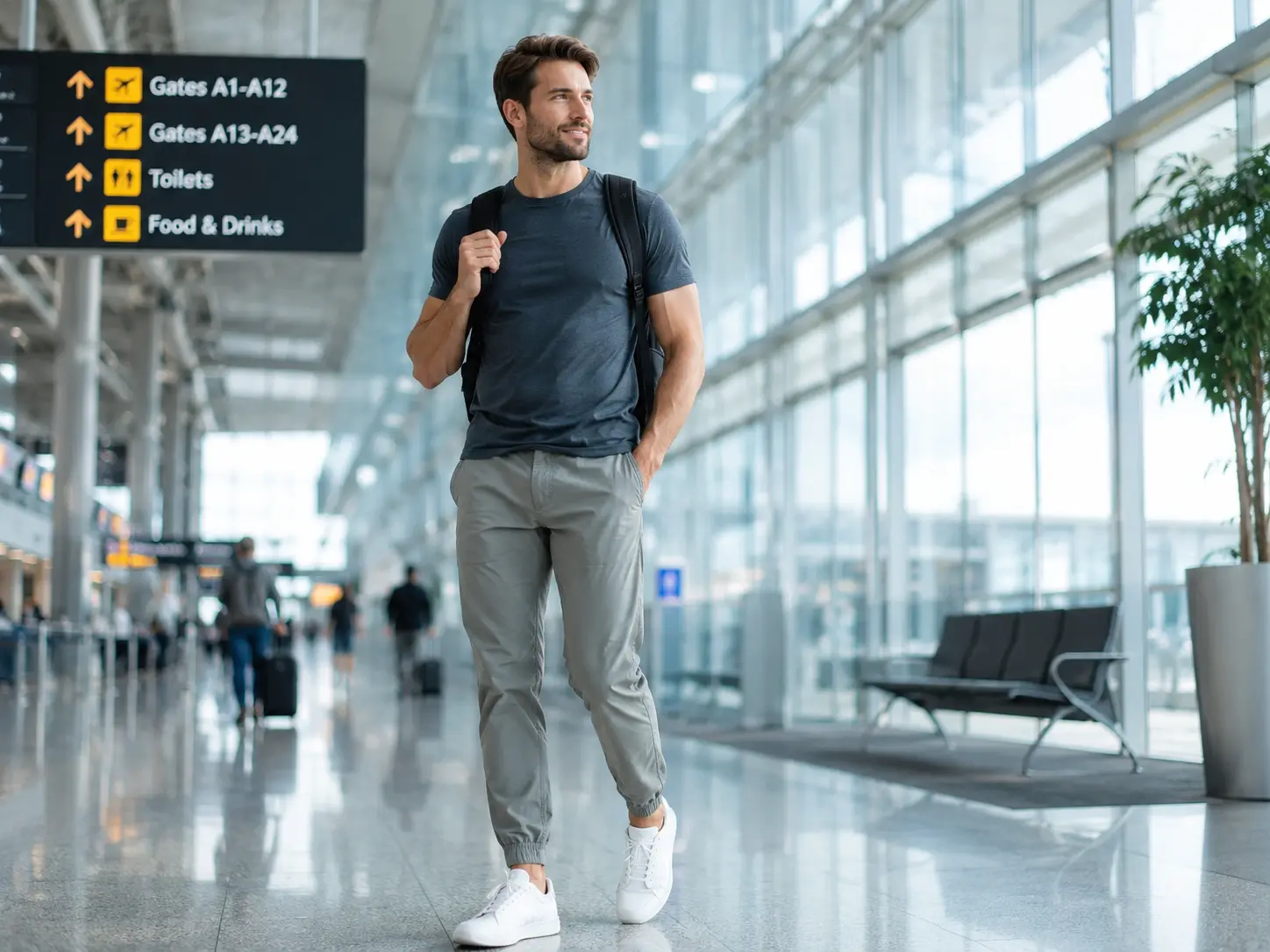 Man wearing lightweight travel pants at the airport
