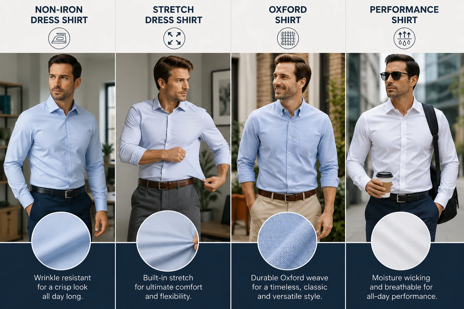 Different types of wrinkle-free shirts