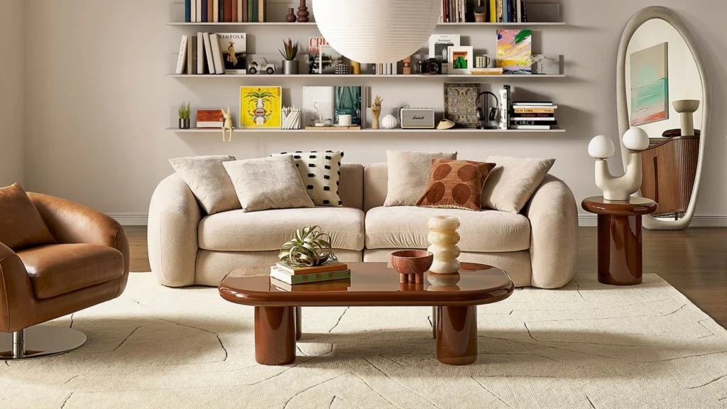 Castlery modern living room furniture including sofa, coffee table, and home décor