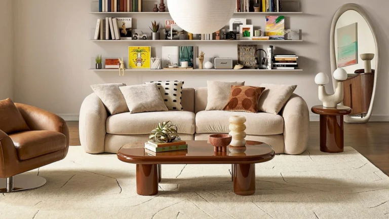 Castlery modern living room furniture including sofa, coffee table, and home décor