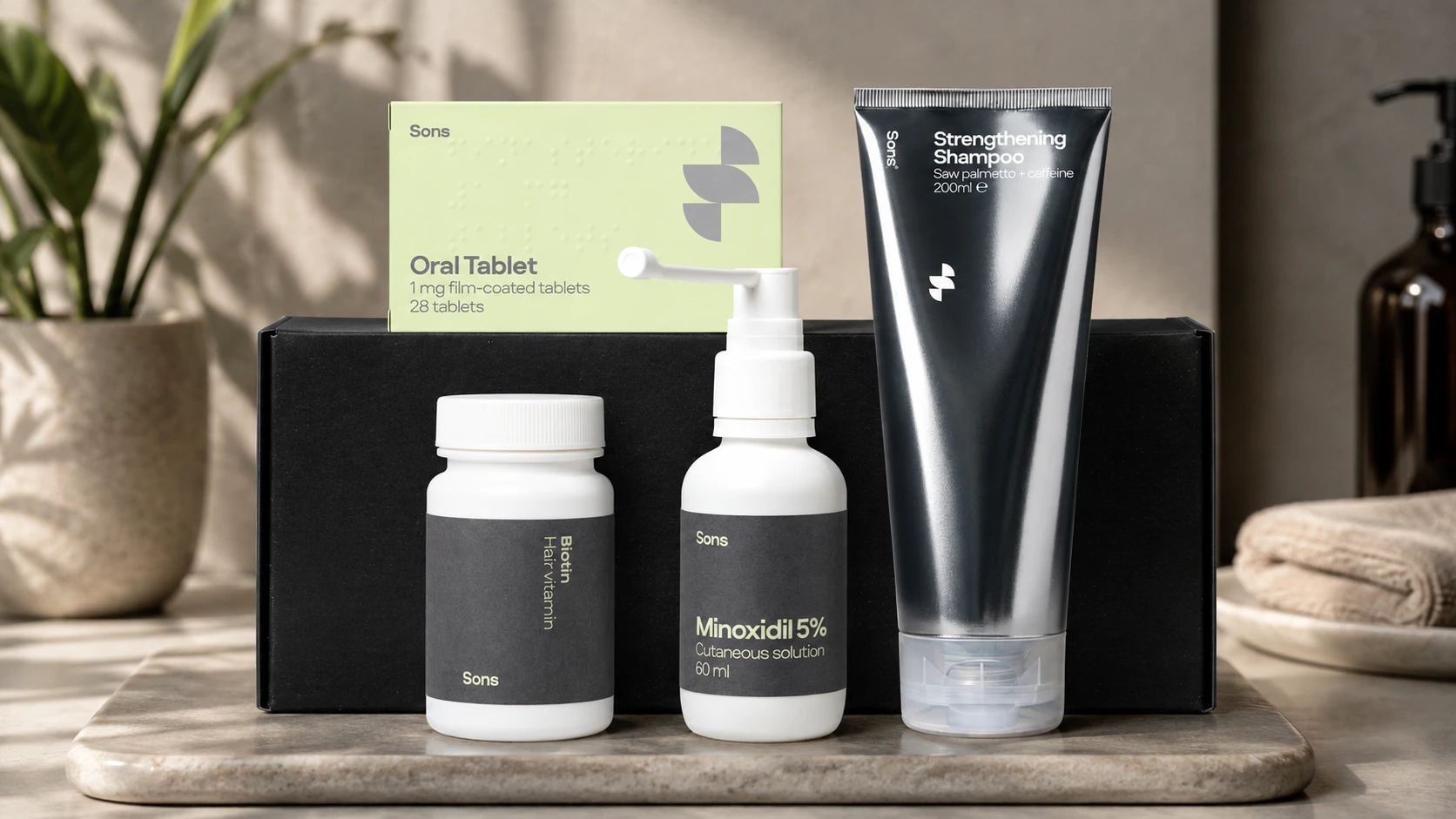Sons UK hair loss treatment products including shampoo, minoxidil, and supplements for men